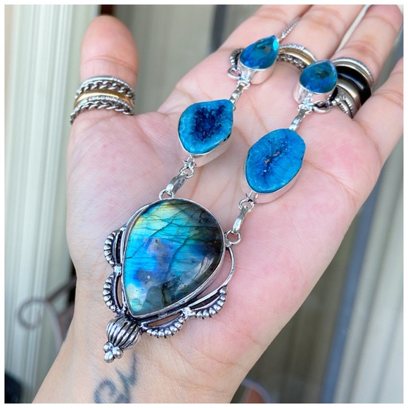 925 Sterling silver Labradorite & druzy necklace - Picture 3 of 8